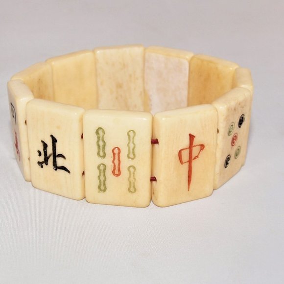 Vintage Carved Bone Mahjong Tile Bracelet - Picture 3 of 6